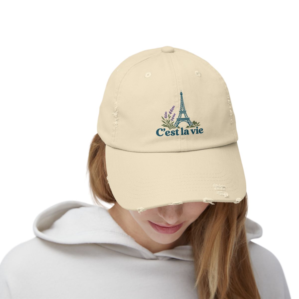 France Distressed Cap | Eiffel Tower | C'est la vie | Country Travel Gift — person-front — View 04