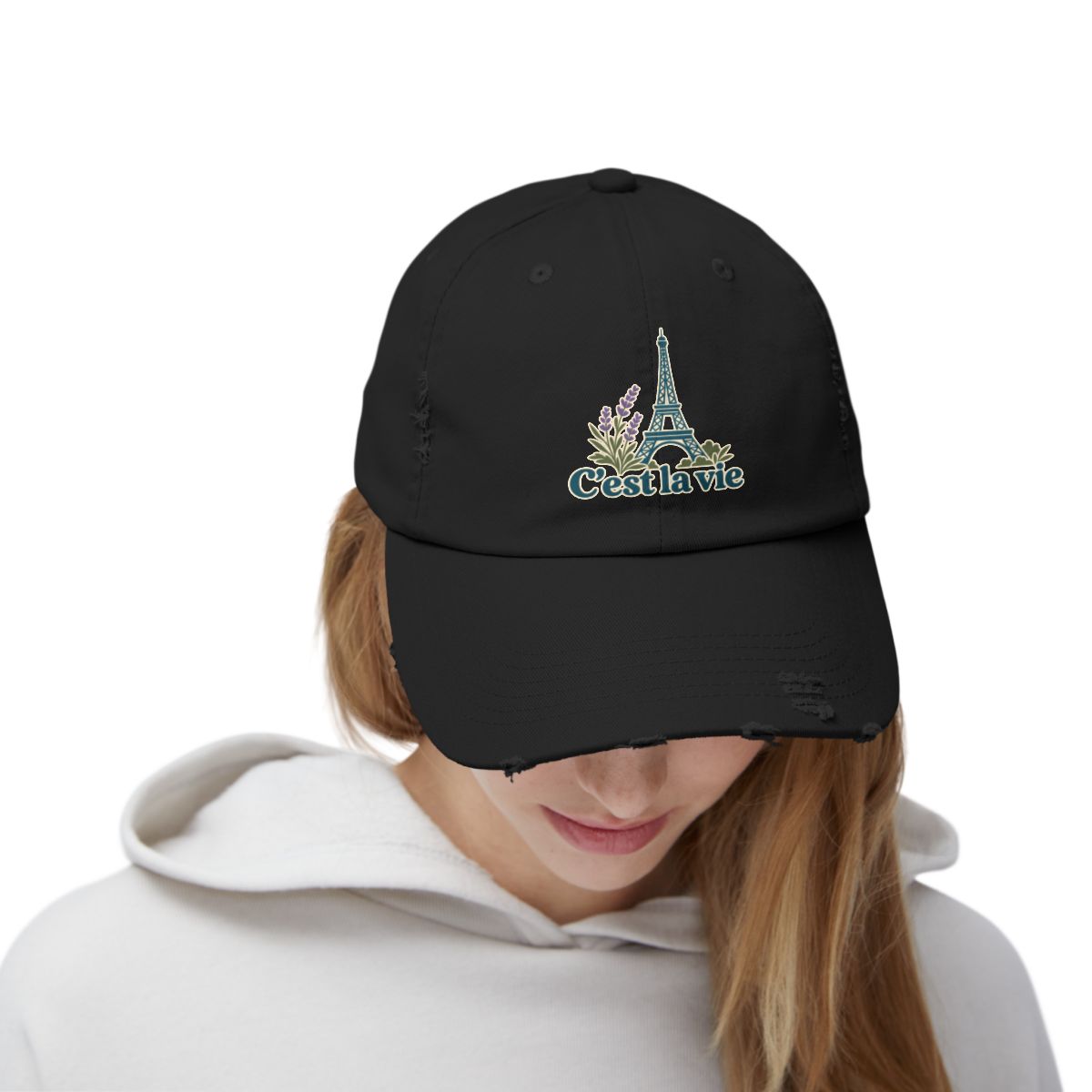France Distressed Cap | Eiffel Tower | C'est la vie | Country Travel Gift — person-front — View 05