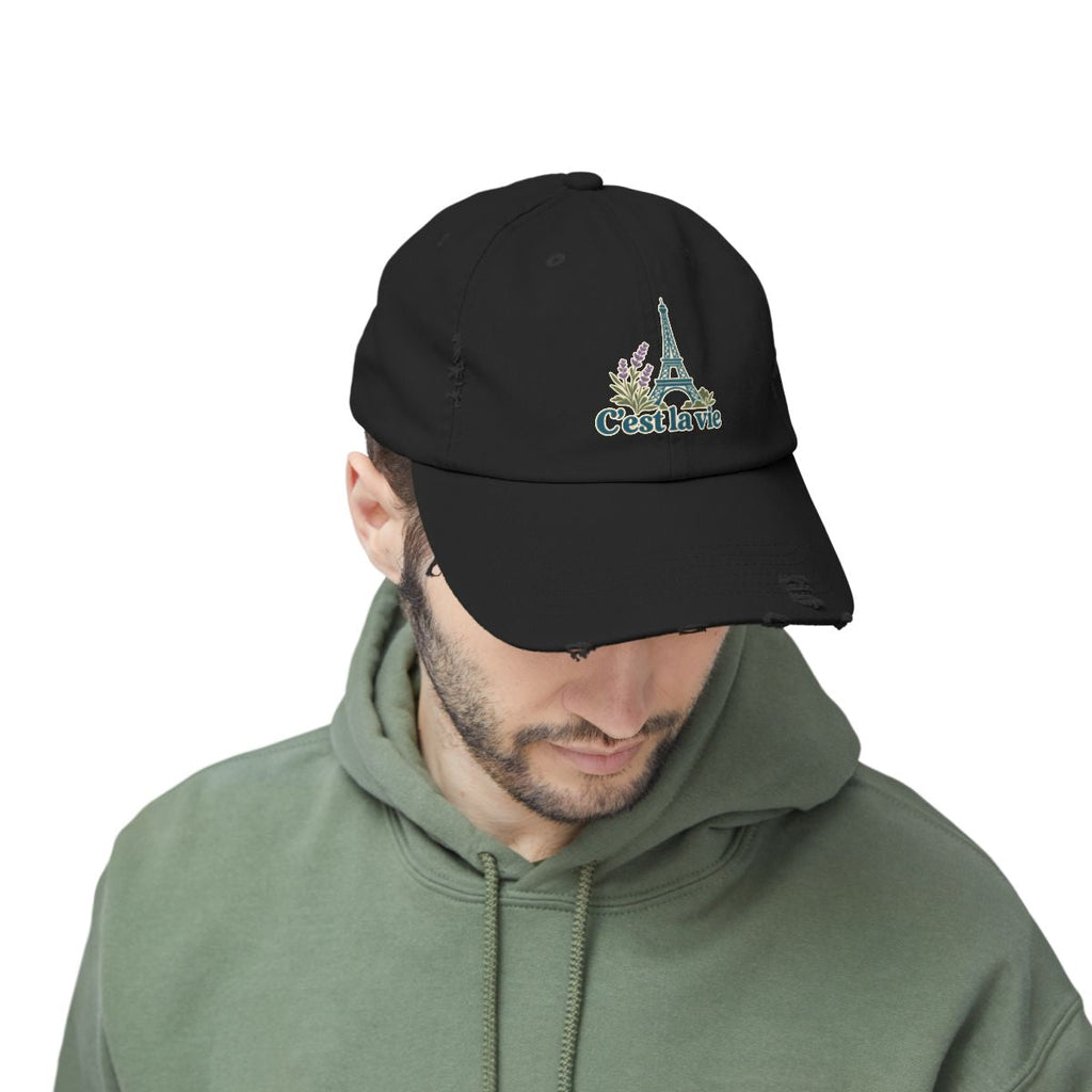 France Distressed Cap | Eiffel Tower | C'est la vie | Country Travel Gift — person-2-front — View 08