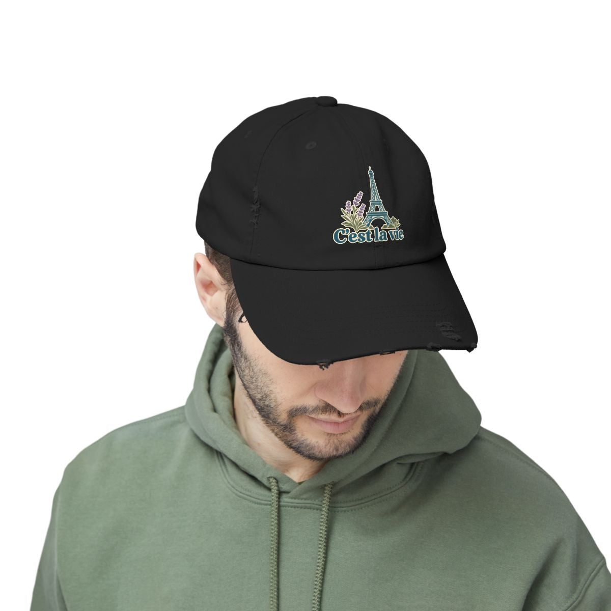 France Distressed Cap | Eiffel Tower | C'est la vie | Country Travel Gift — person-2-front — View 08