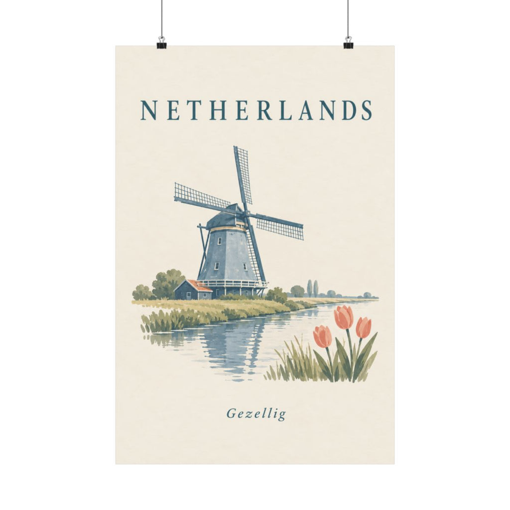 Netherlands Matte Poster | Windmill and Tulips | Gezellig | Country Travel Gift — front — View 01