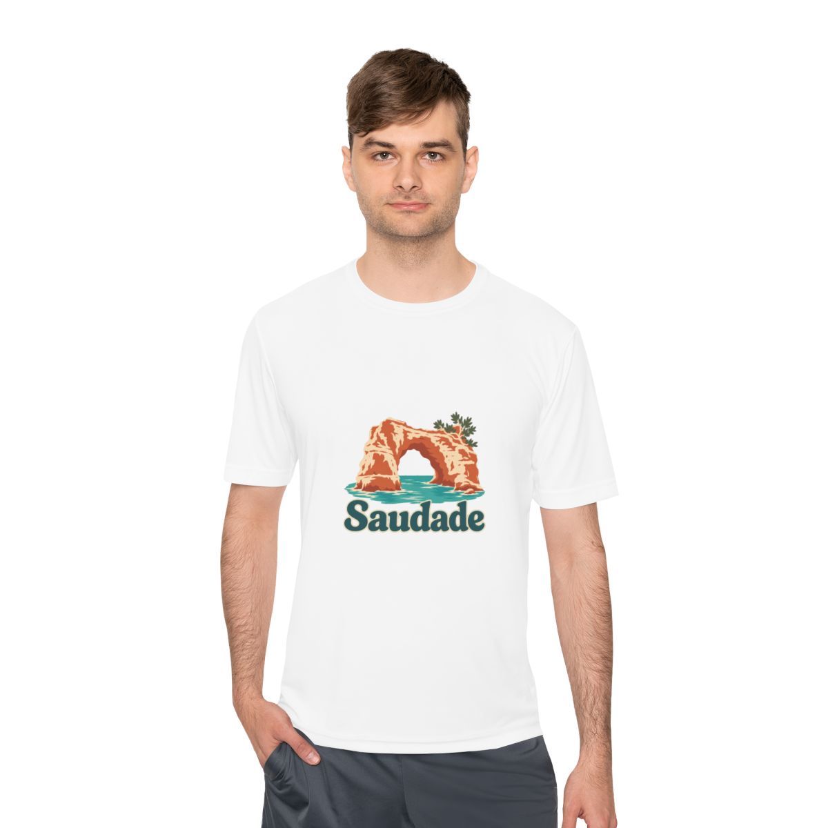 Portugal Performance T-Shirt | Algarve Sea Arch | Saudade | Country Travel Gift — person-1 — View 02