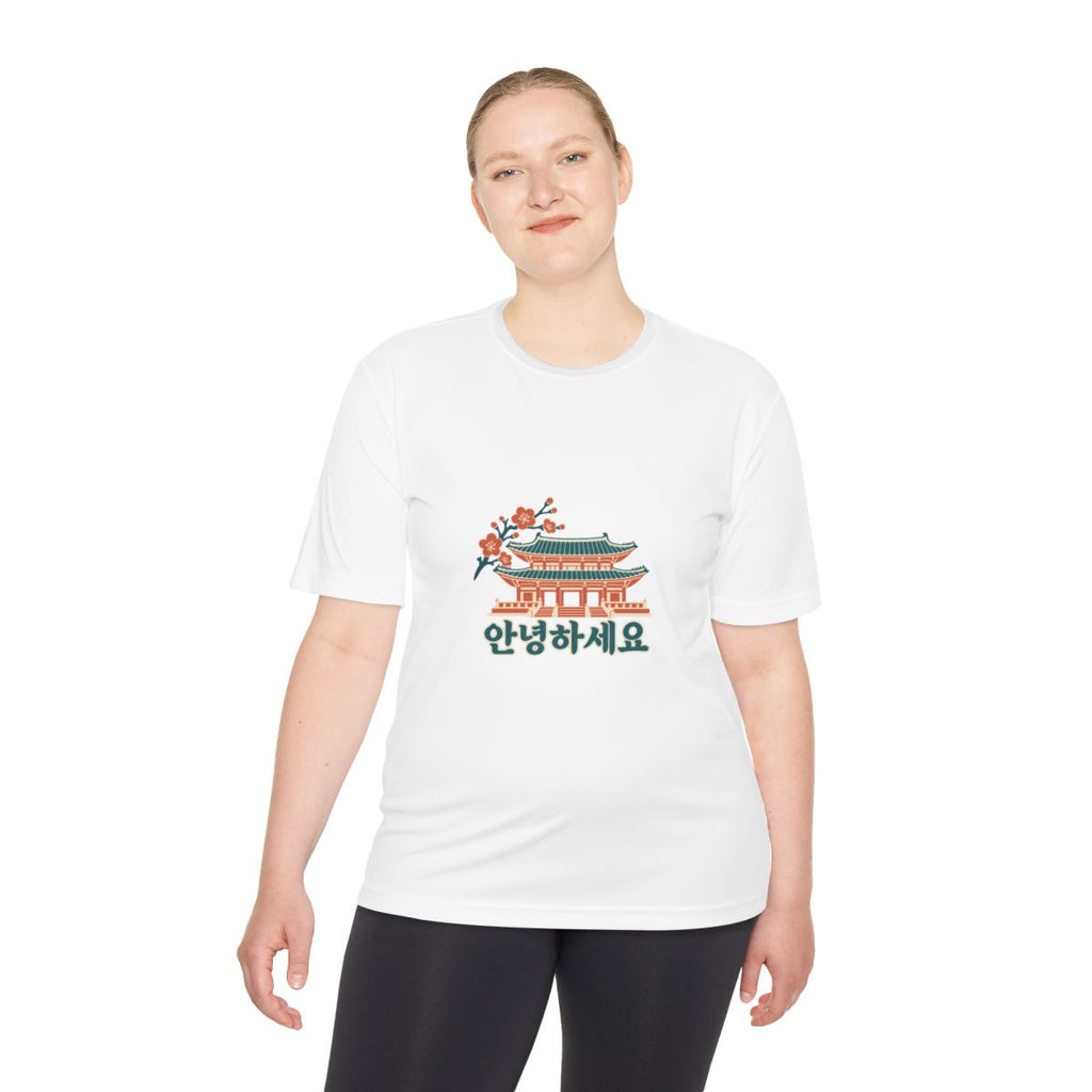 South Korea Performance T-Shirt | Palace and Blossoms | 안녕하세요 | Country Travel Gift — person-2 — View 03