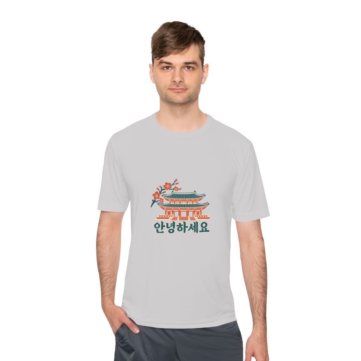 South Korea Performance T-Shirt | Palace and Blossoms | 안녕하세요 | Country Travel Gift — person-1 — View 04
