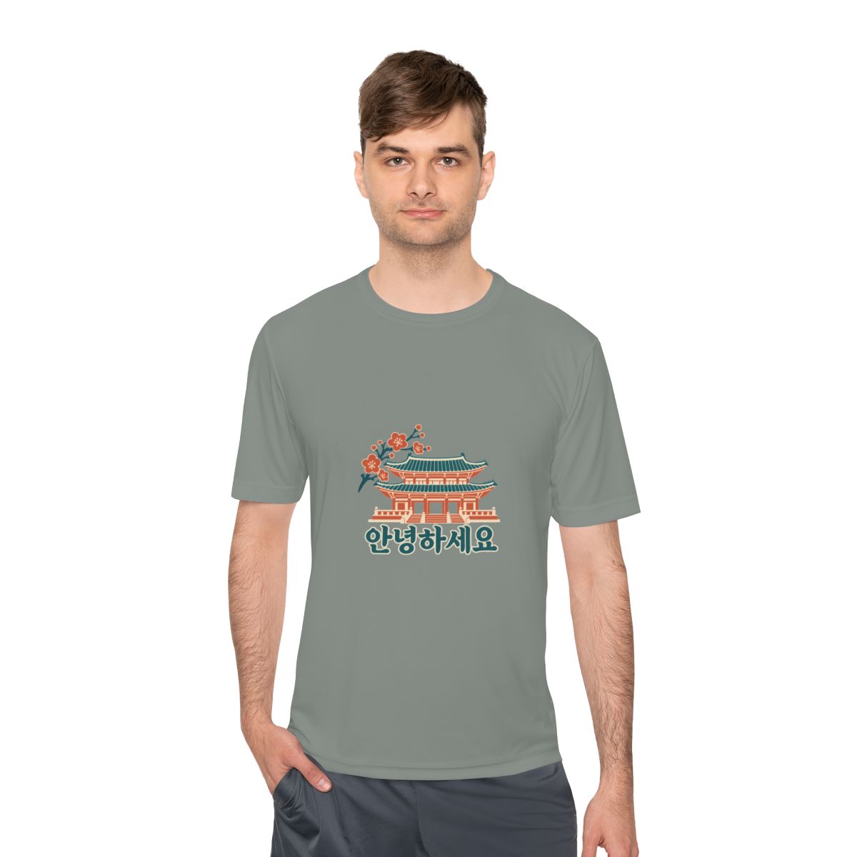 South Korea Performance T-Shirt | Palace and Blossoms | 안녕하세요 | Country Travel Gift — person-1 — View 10