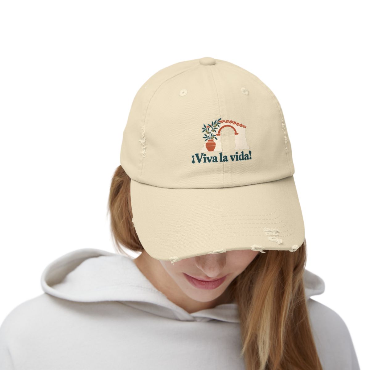 Spain Distressed Cap | Andalusian Arch | ¡Viva la vida! | Country Travel Gift — person-front — View 04