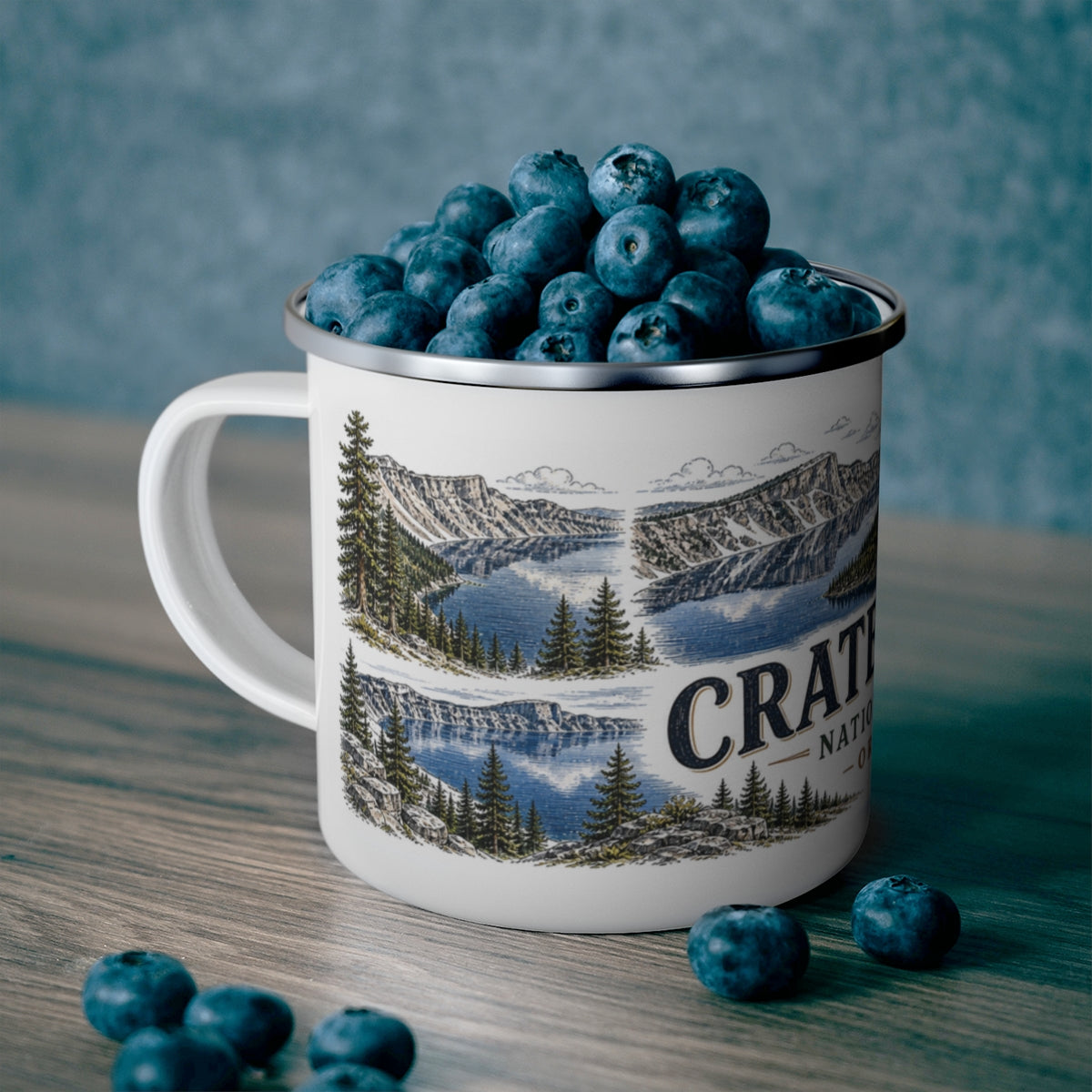Crater Lake National Park enamel camping mug outdoor lifestyle scene