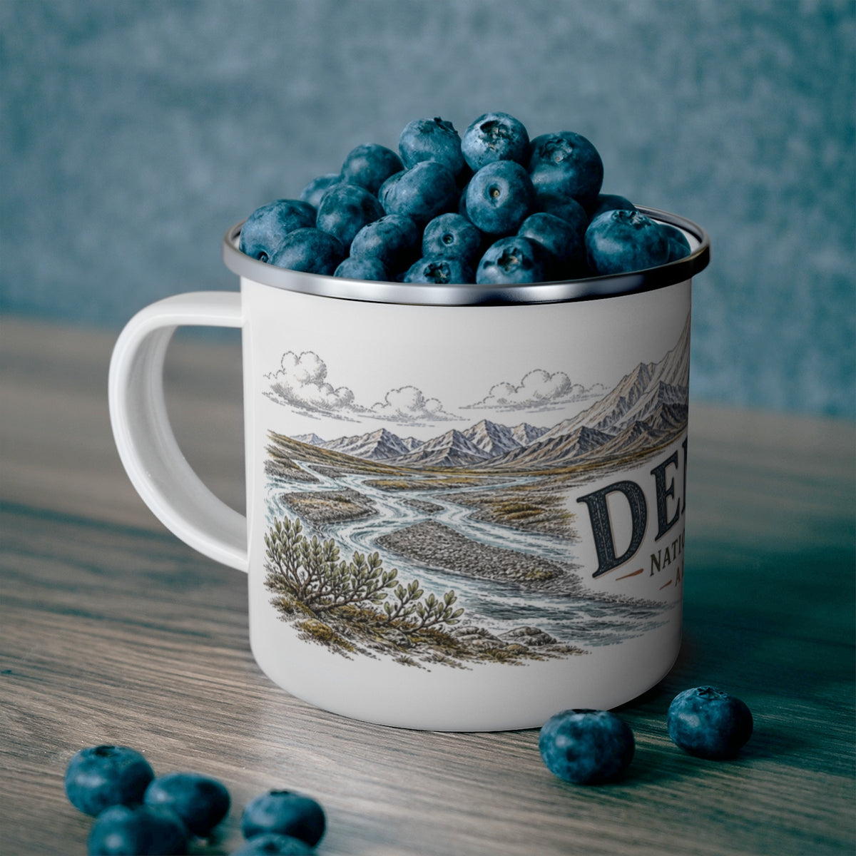 Denali National Park enamel camping mug outdoor lifestyle scene