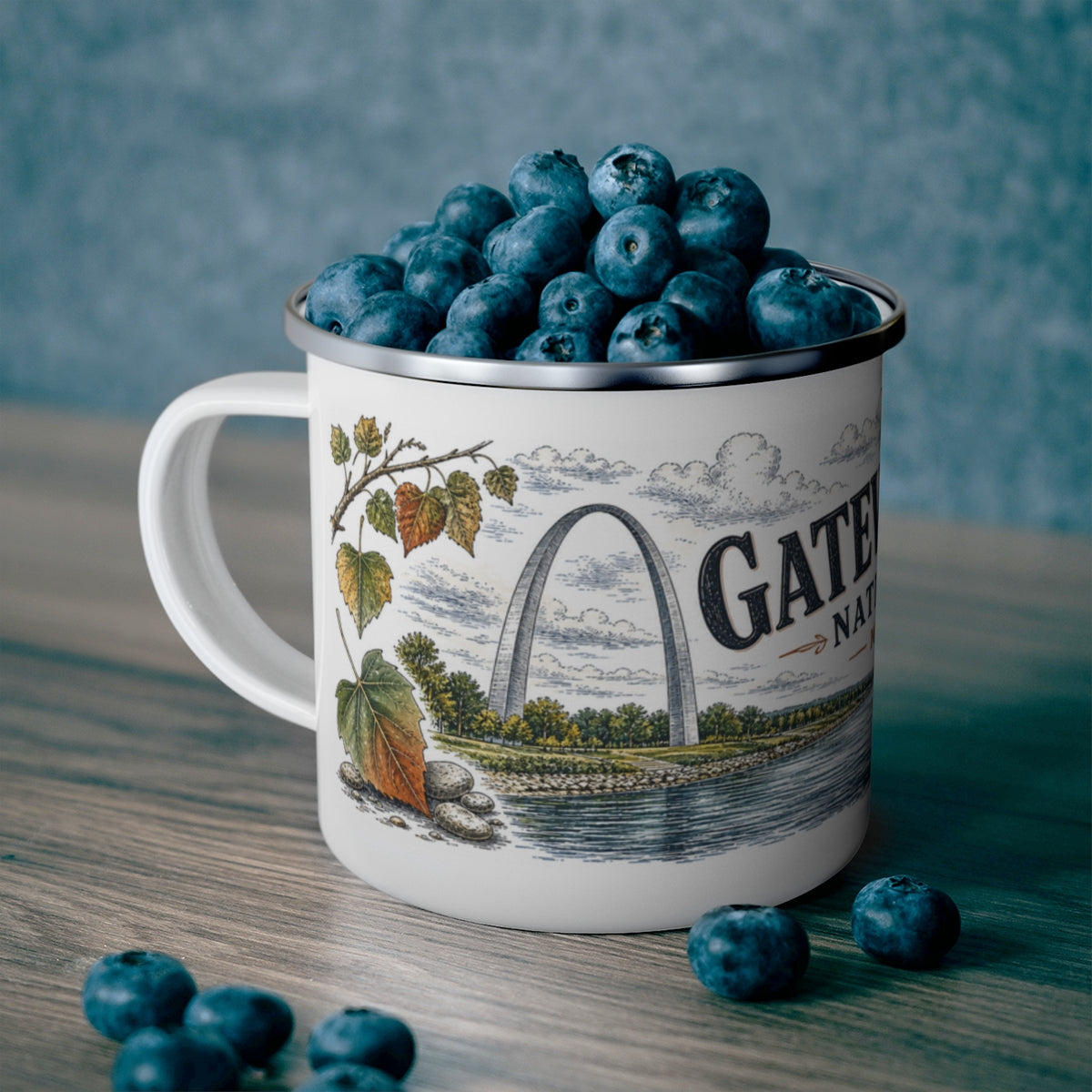 Gateway Arch National Park enamel camping mug outdoor lifestyle scene