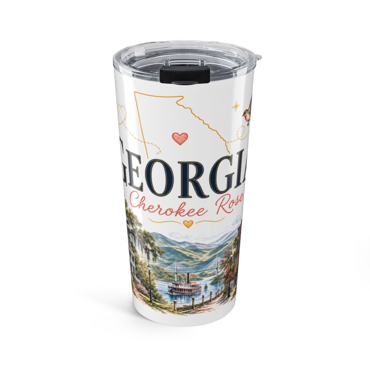 Georgia State Flower Tumbler | Cherokee Rose Botanical Travel Cup | 20oz Stainless Steel Gift — front