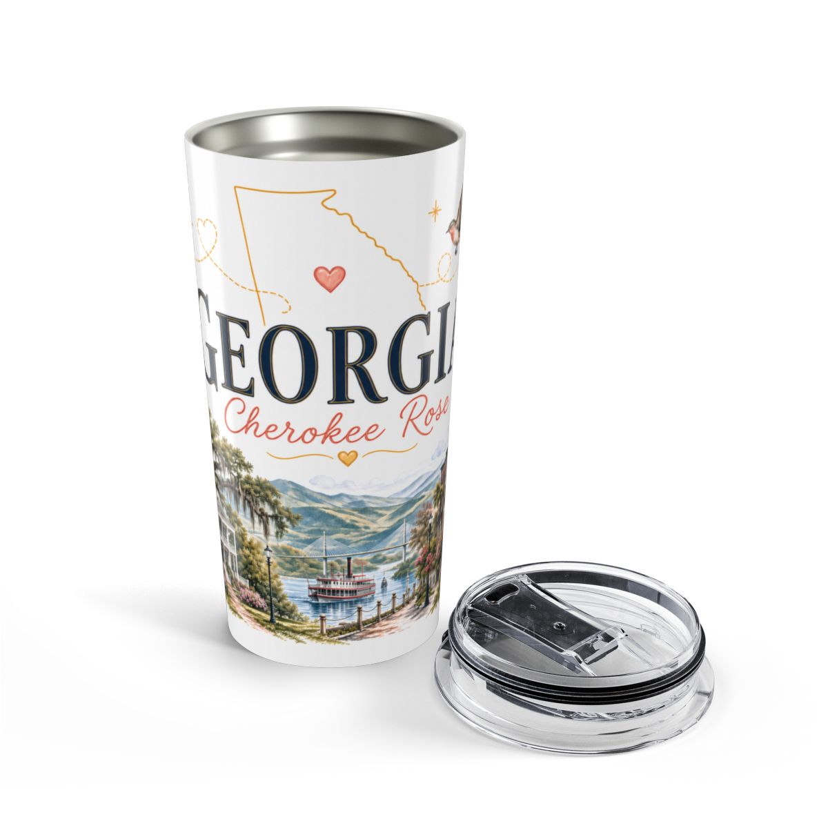 Georgia State Flower Tumbler | Cherokee Rose Botanical Travel Cup | 20oz Stainless Steel Gift — opened