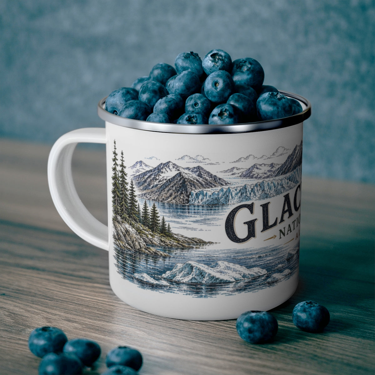 Glacier Bay National Park enamel camping mug outdoor lifestyle scene