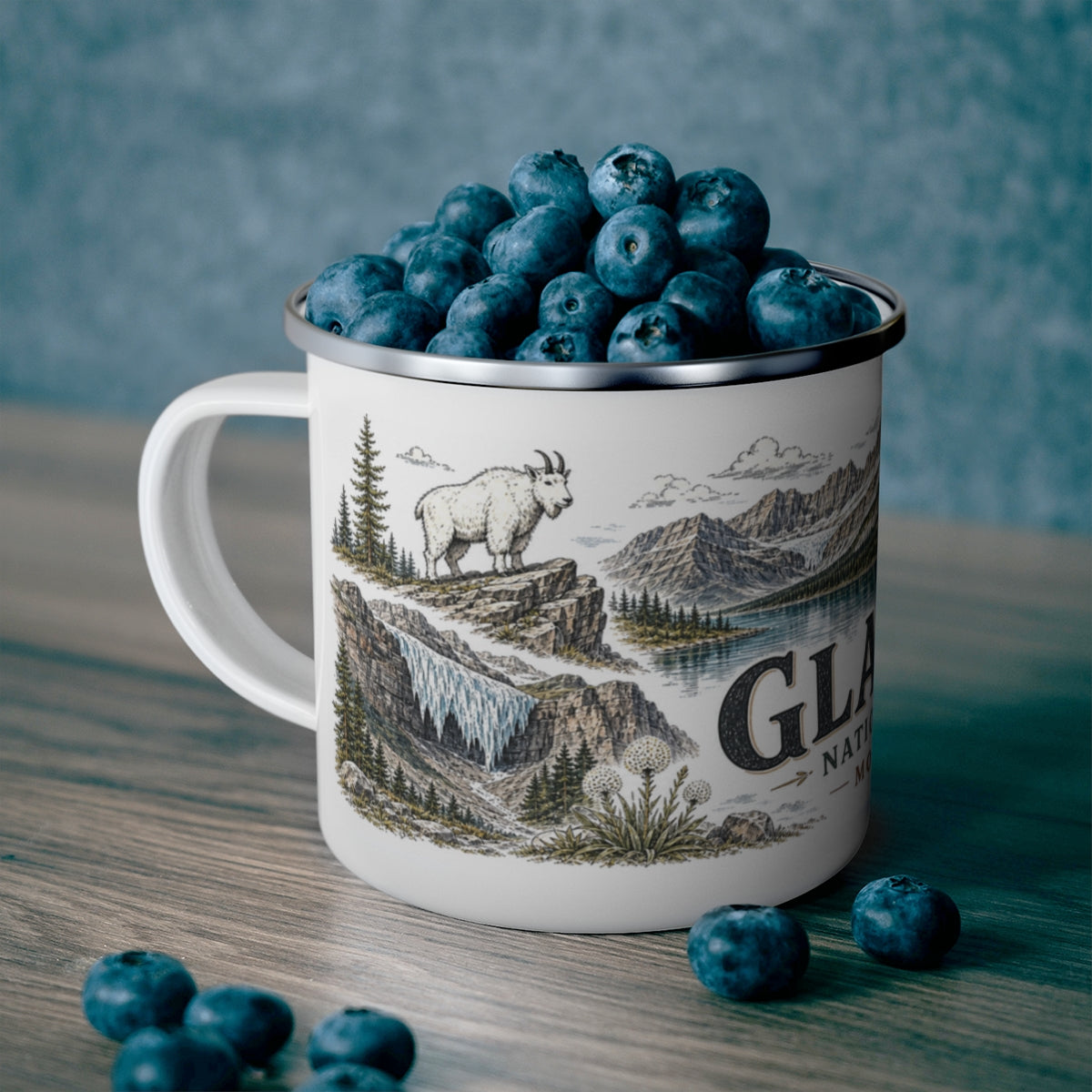 Glacier National Park enamel camping mug outdoor lifestyle scene