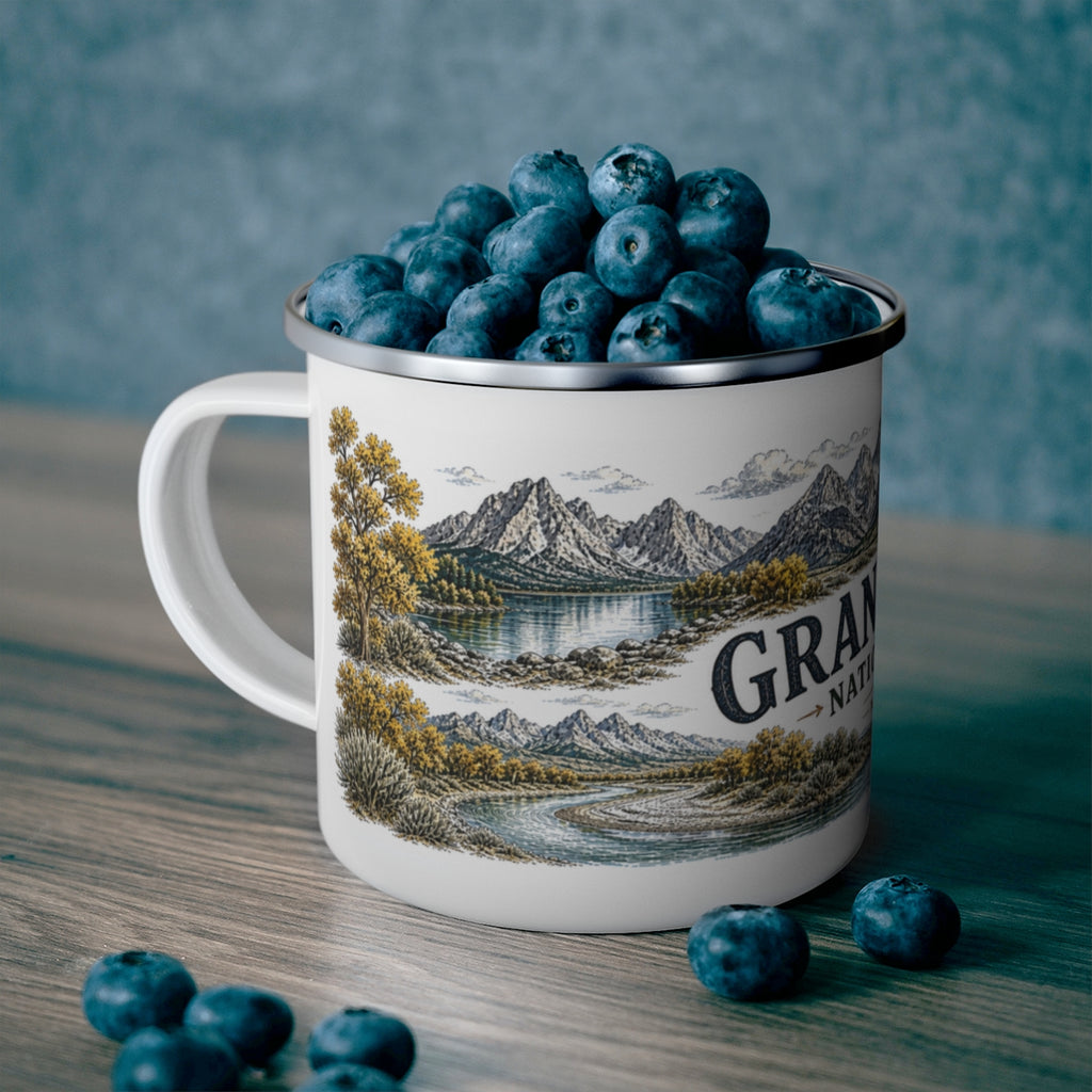 Grand Teton National Park enamel camping mug outdoor lifestyle scene