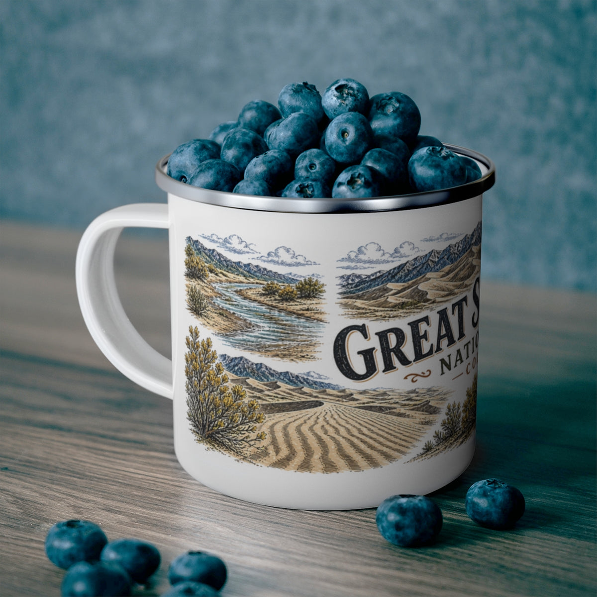 Great Sand Dunes National Park enamel camping mug outdoor lifestyle scene