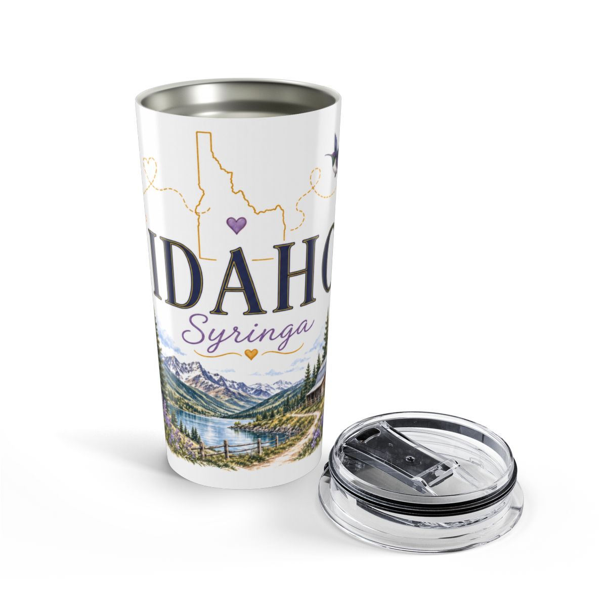 Idaho State Flower Tumbler | Syringa Botanical Travel Cup | 20oz Stainless Steel Gift — opened