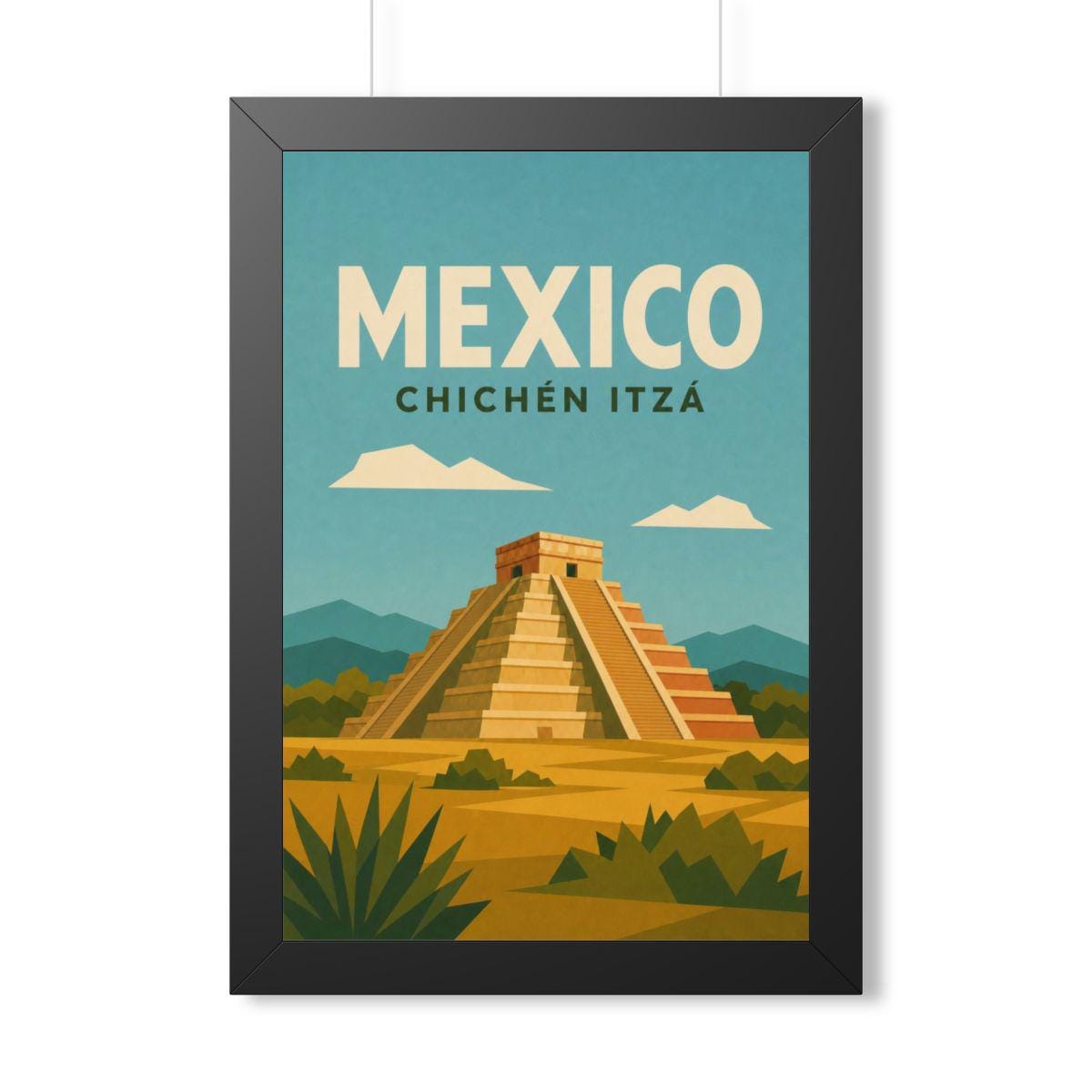 Chichén Itzá Mexico Framed Poster | Vintage Travel Wall Art | Black Walnut White Frame | 16x24 20x30