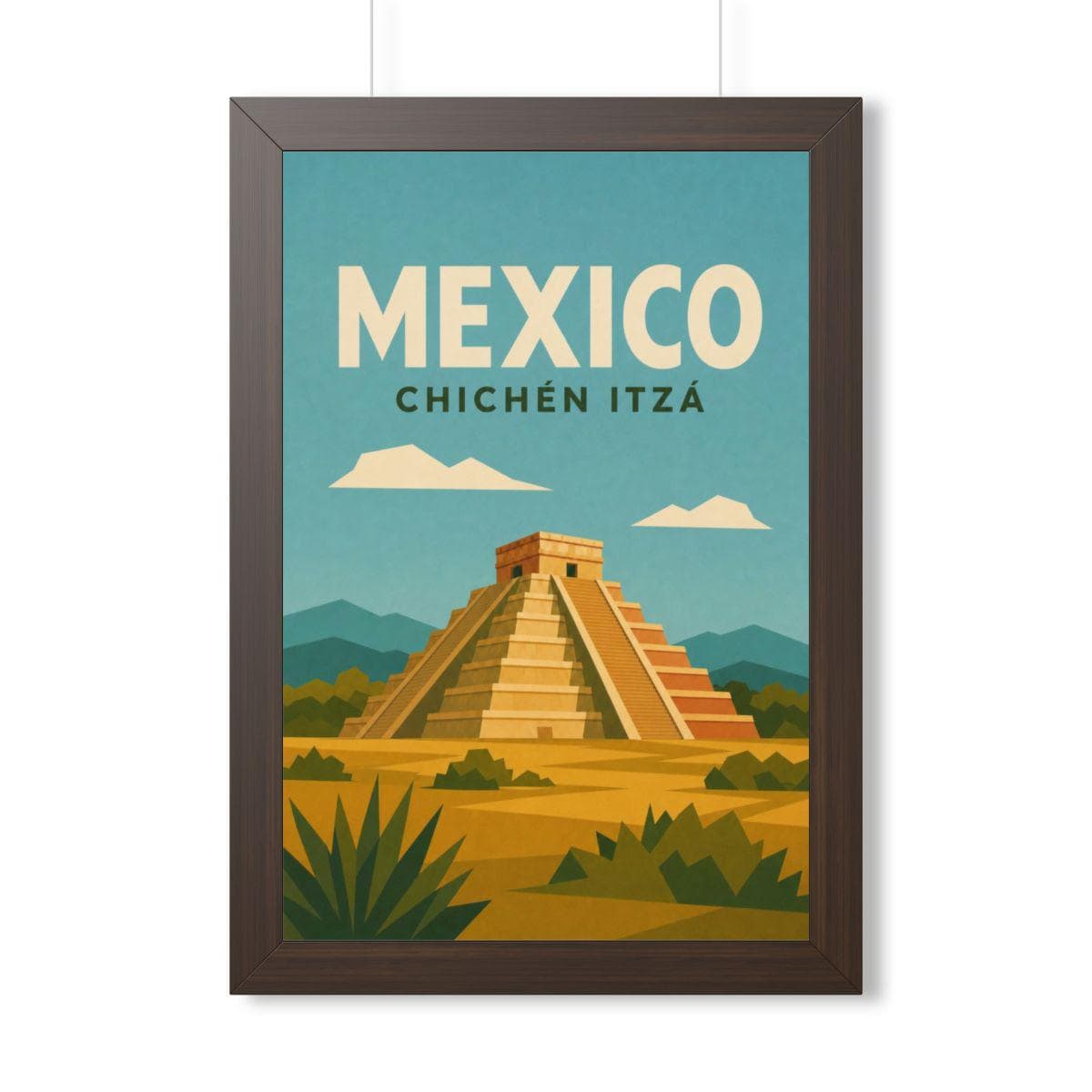 Chichén Itzá Mexico Framed Poster | Vintage Travel Wall Art | Black Walnut White Frame | 16x24 20x30