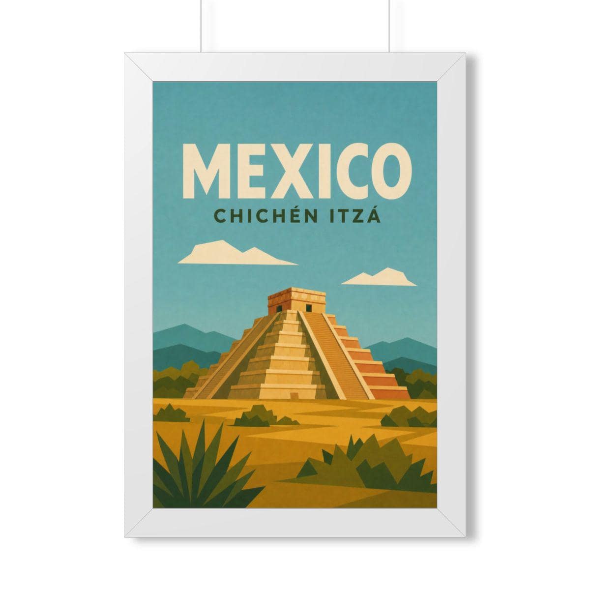 Chichén Itzá Mexico Framed Poster | Vintage Travel Wall Art | Black Walnut White Frame | 16x24 20x30