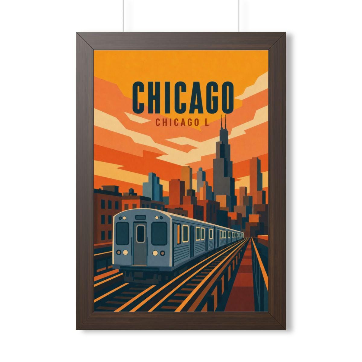 Chicago L Train United States Framed Poster | Vintage Travel Wall Art | Black Walnut White Frame | 16x24 20x30