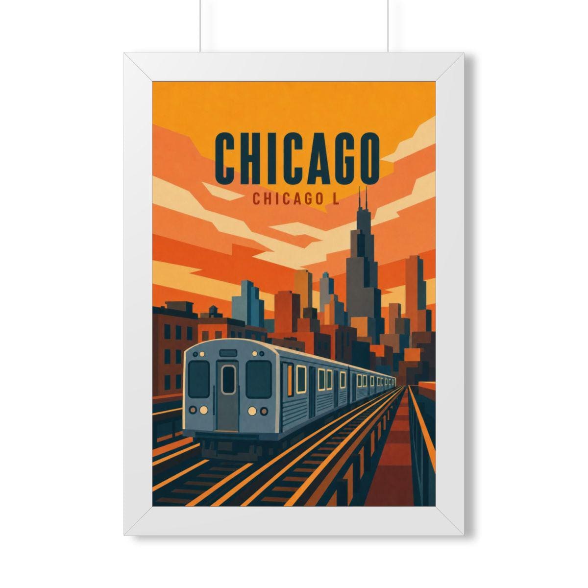 Chicago L Train United States Framed Poster | Vintage Travel Wall Art | Black Walnut White Frame | 16x24 20x30