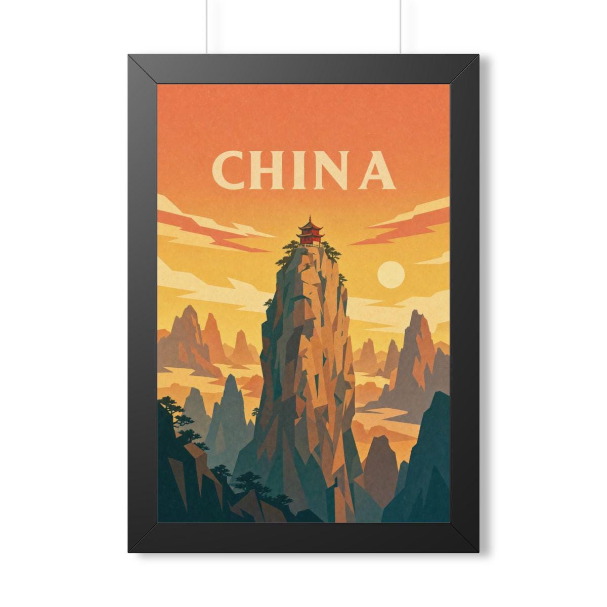 China Mountain Temple China Framed Poster | Vintage Travel Wall Art | Black Walnut White Frame | 16x24 20x30