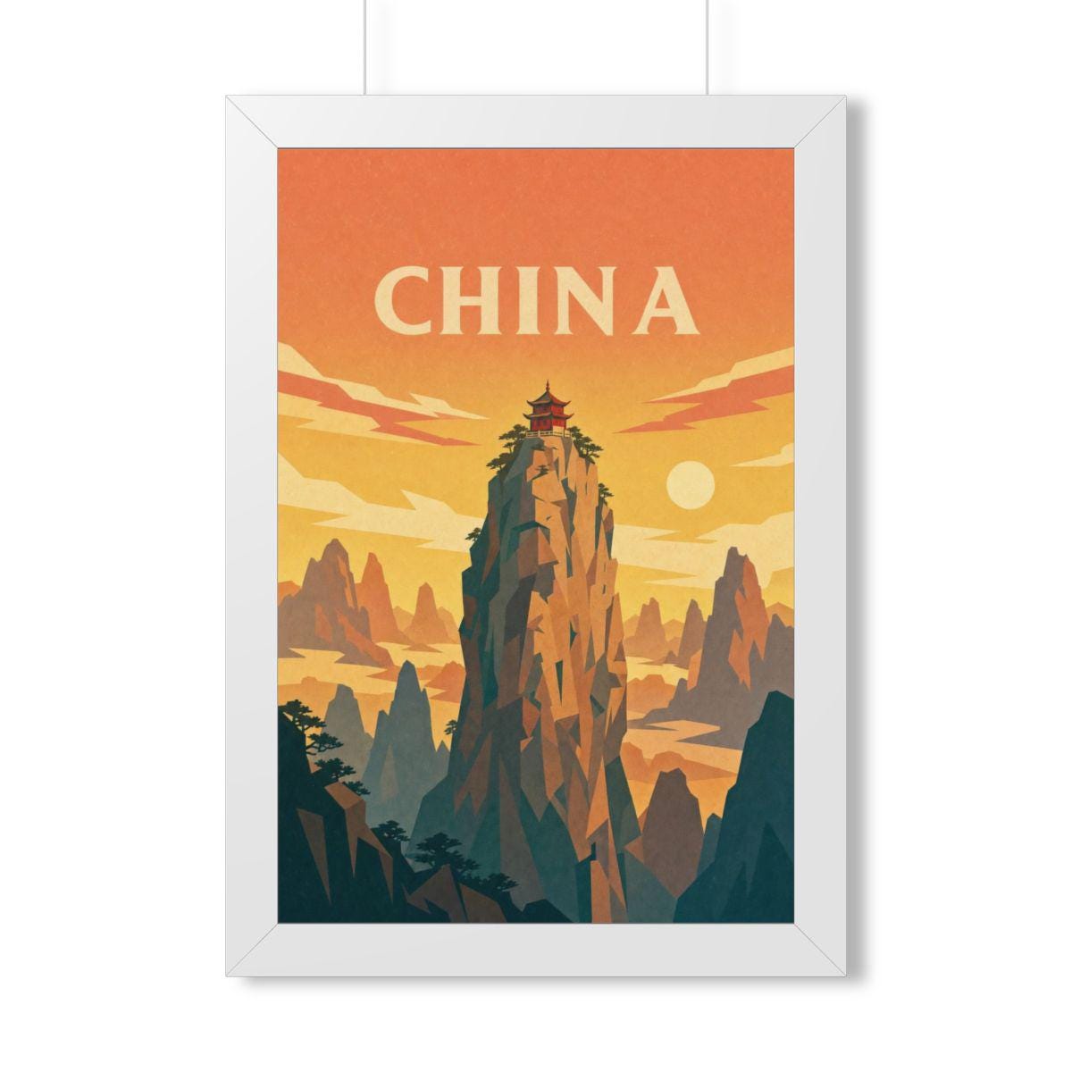 China Mountain Temple China Framed Poster | Vintage Travel Wall Art | Black Walnut White Frame | 16x24 20x30