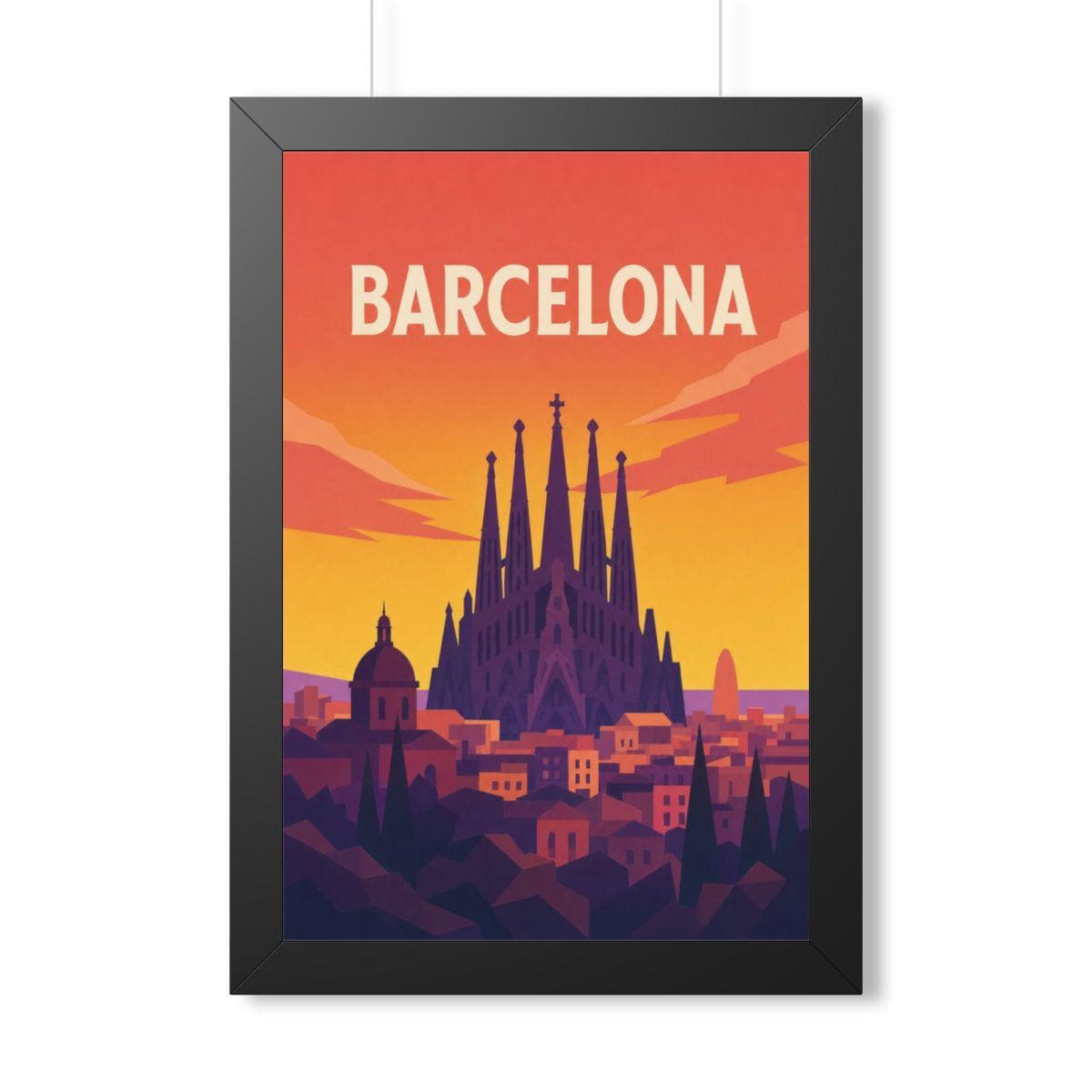Barcelona Spain Framed Poster | Vintage Travel Wall Art | Black Walnut White Frame | 16x24 20x30