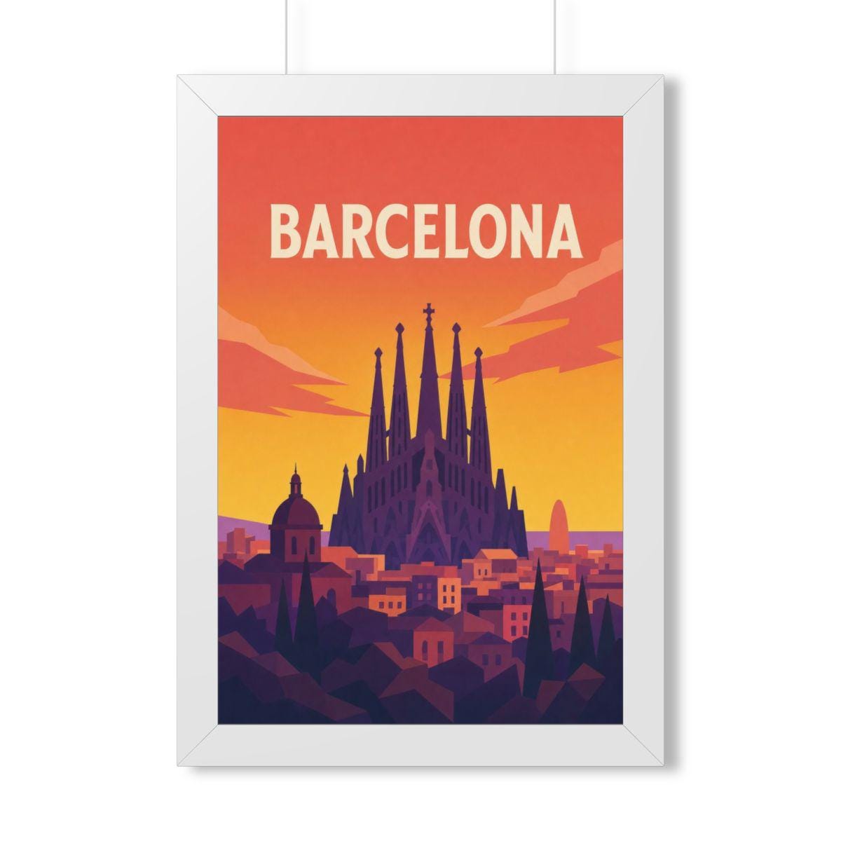 Barcelona Spain Framed Poster | Vintage Travel Wall Art | Black Walnut White Frame | 16x24 20x30