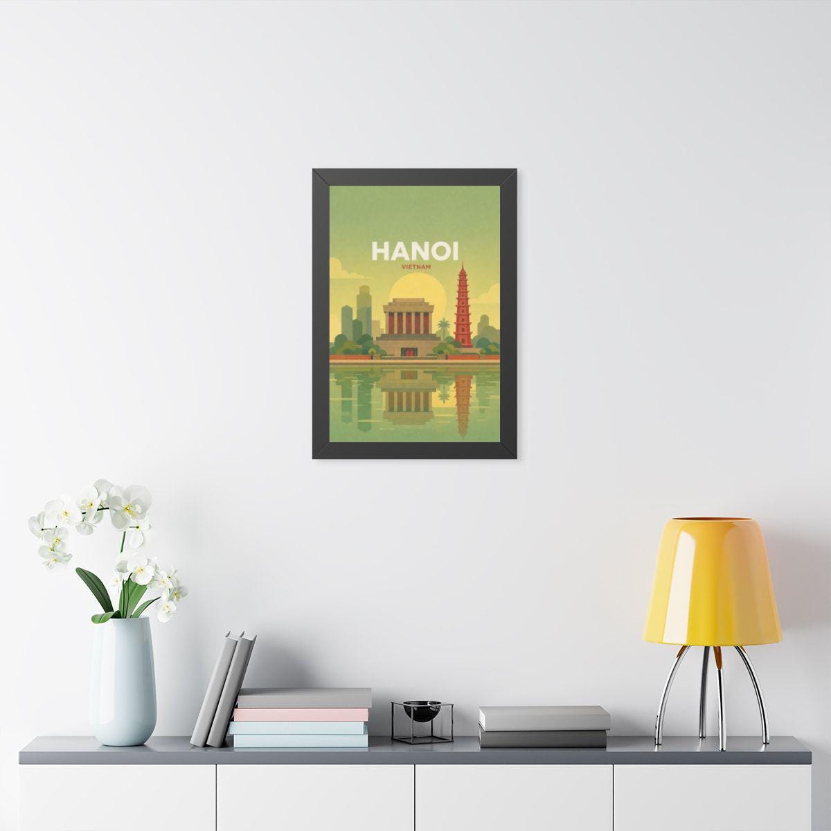 Hanoi Vietnam Framed Poster | Vintage Travel Wall Art | Black Walnut White Frame | 16x24 20x30