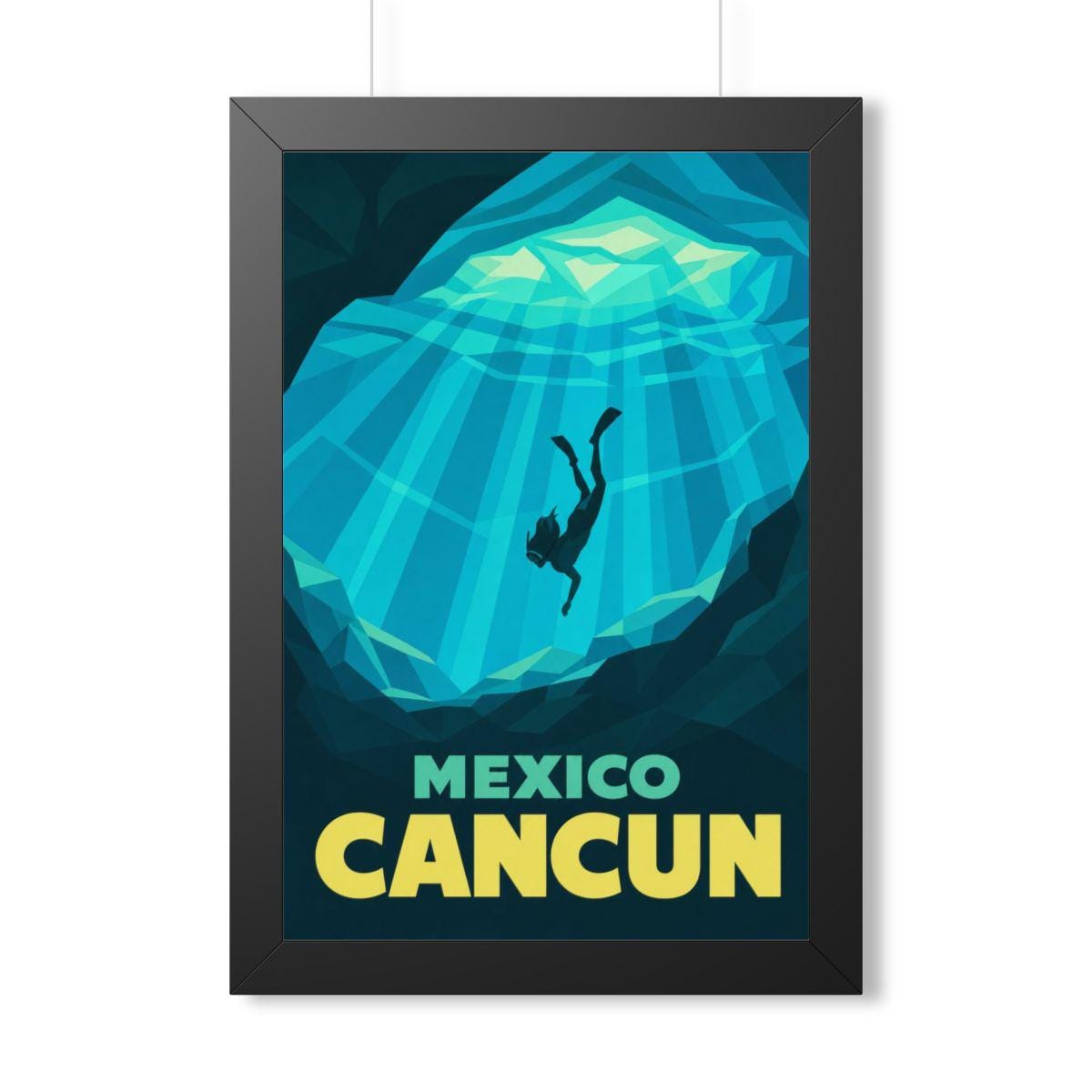 Cancún Cenote Mexico Framed Poster | Vintage Travel Wall Art | Black Walnut White Frame | 16x24 20x30