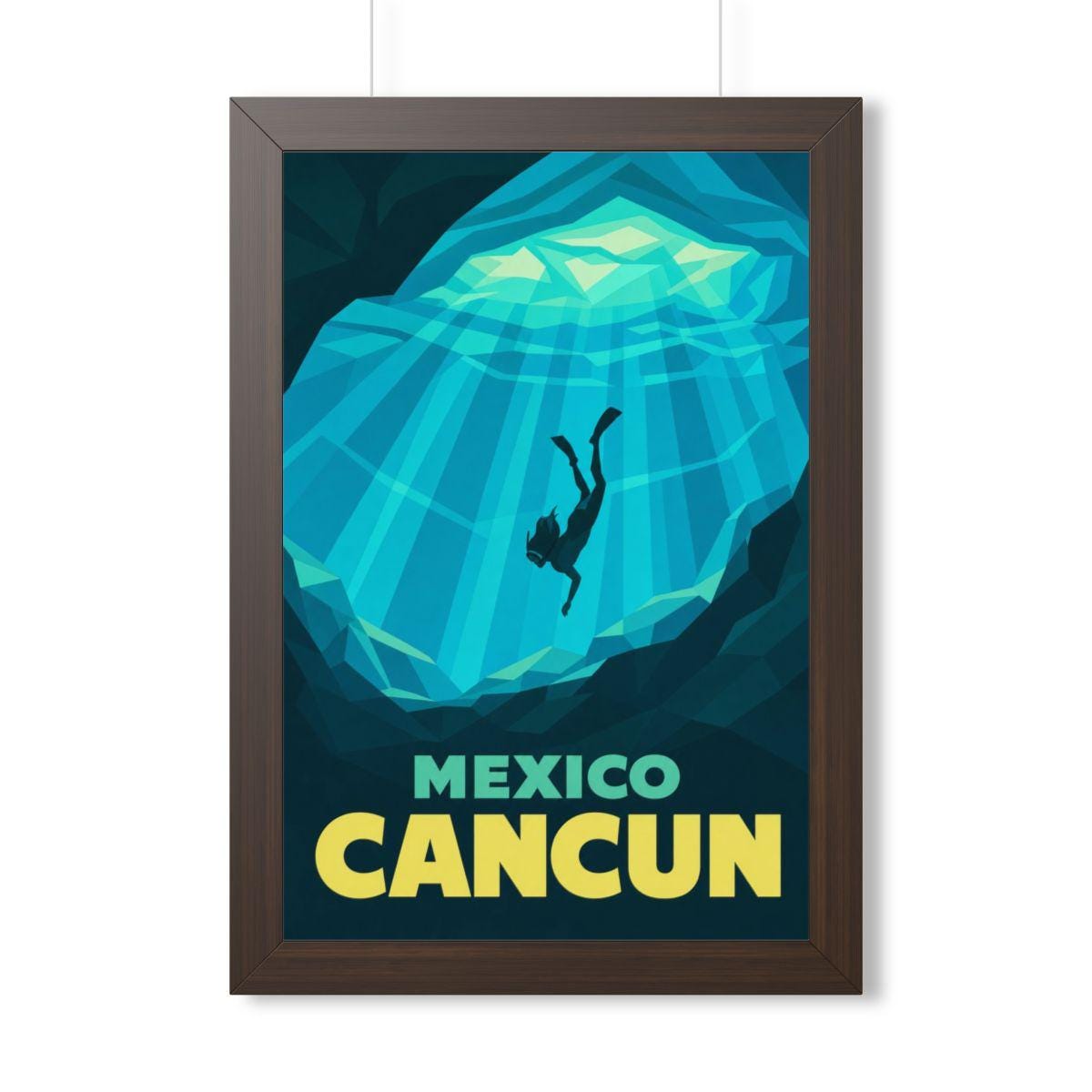 Cancún Cenote Mexico Framed Poster | Vintage Travel Wall Art | Black Walnut White Frame | 16x24 20x30