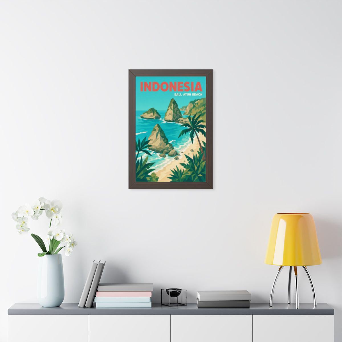 Atuh Beach Bali Indonesia Framed Poster | Vintage Travel Wall Art | Black Walnut White Frame | 16x24 20x30