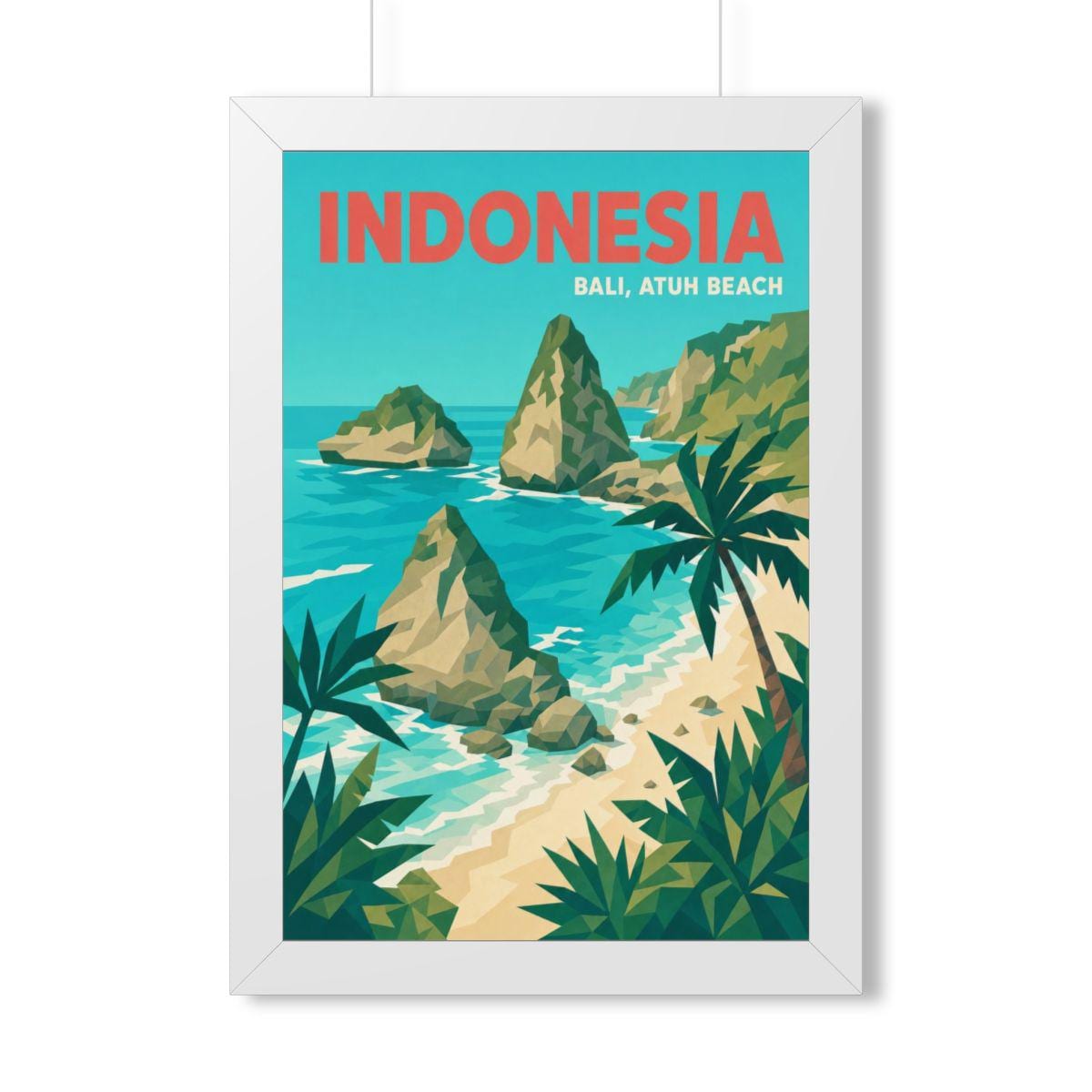 Atuh Beach Bali Indonesia Framed Poster | Vintage Travel Wall Art | Black Walnut White Frame | 16x24 20x30