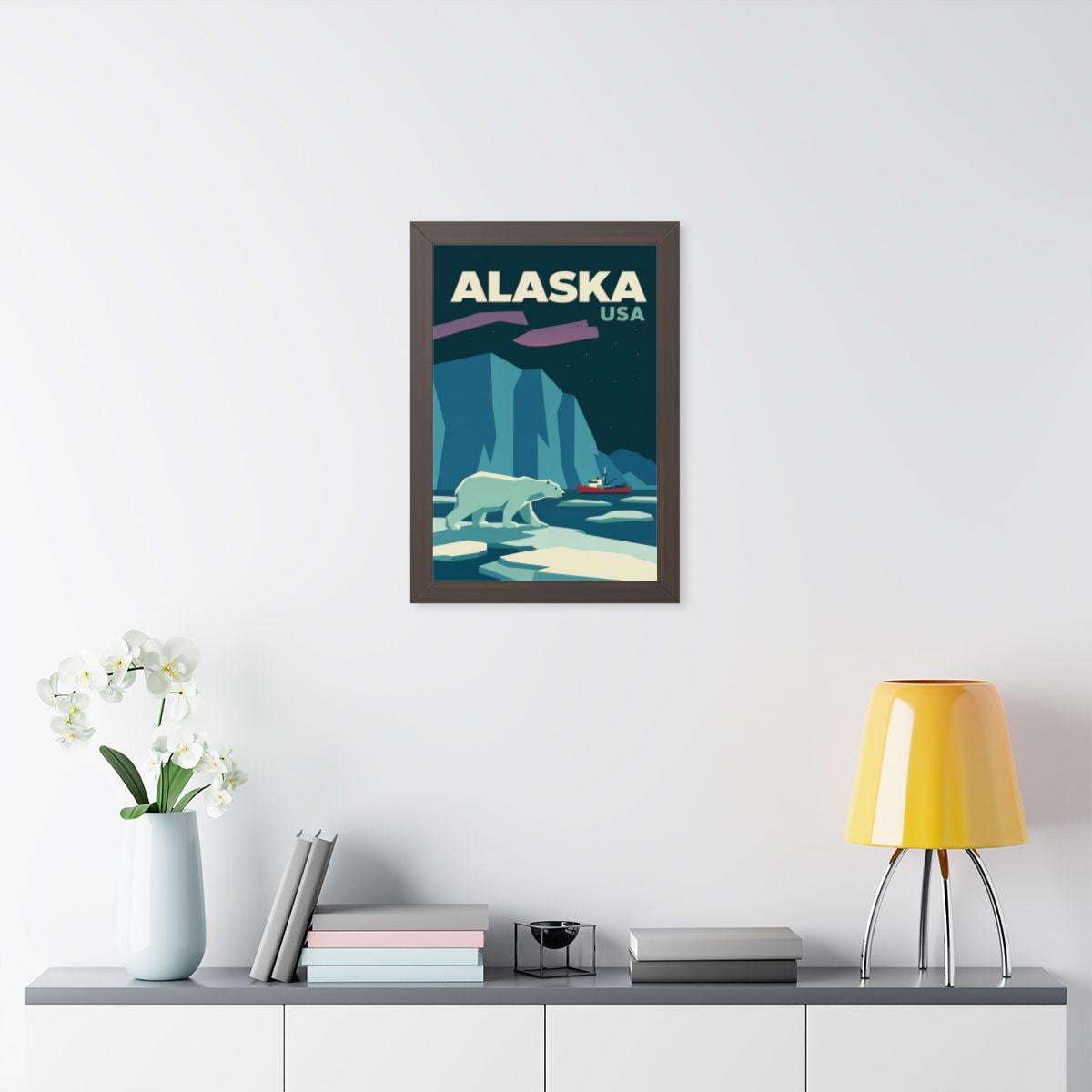 Alaska Polar Bear United States Framed Poster | Vintage Travel Wall Art | Black Walnut White Frame | 16x24 20x30