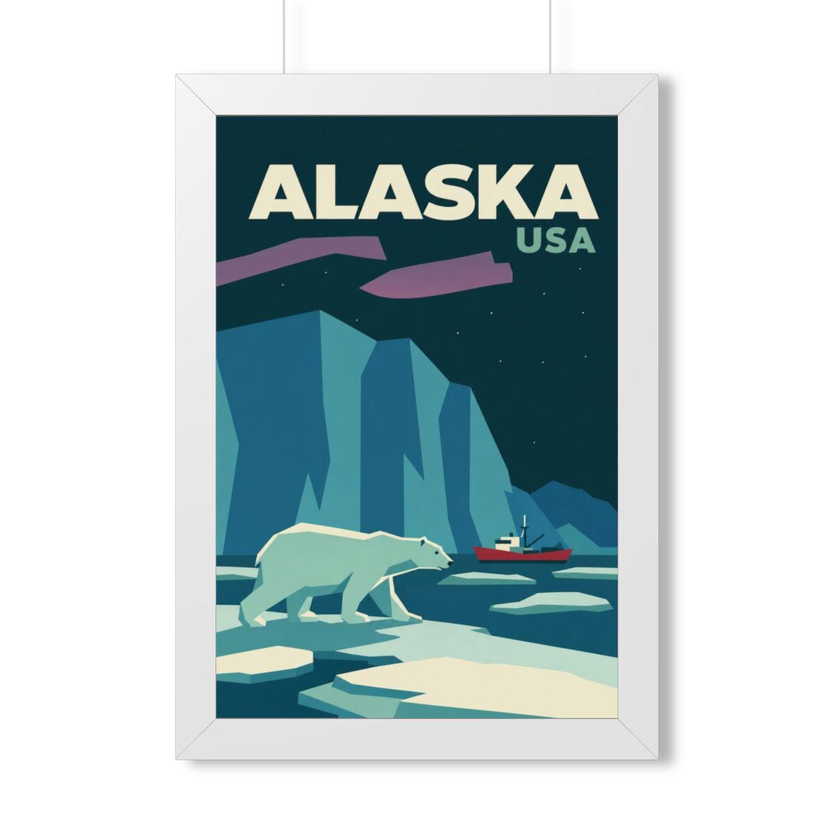 Alaska Polar Bear United States Framed Poster | Vintage Travel Wall Art | Black Walnut White Frame | 16x24 20x30