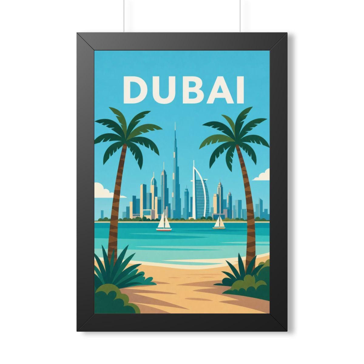 Dubai Beach United Arab Emirates Framed Poster | Vintage Travel Wall Art | Black Walnut White Frame | 16x24 20x30