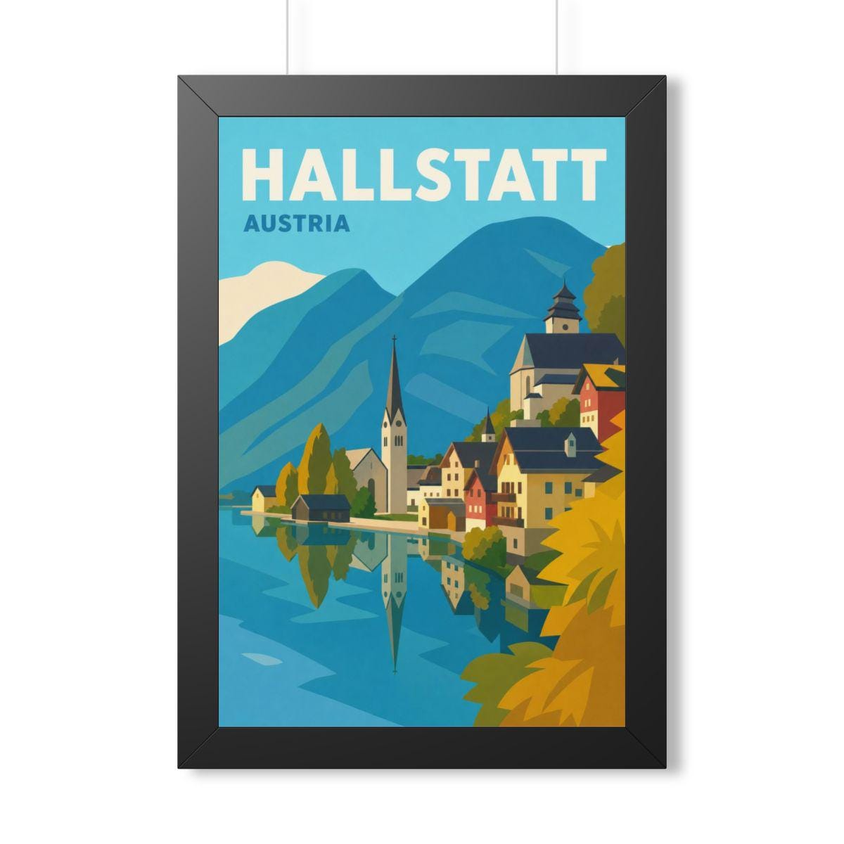 Hallstatt Austria Framed Poster | Vintage Travel Wall Art | Black Walnut White Frame | 16x24 20x30