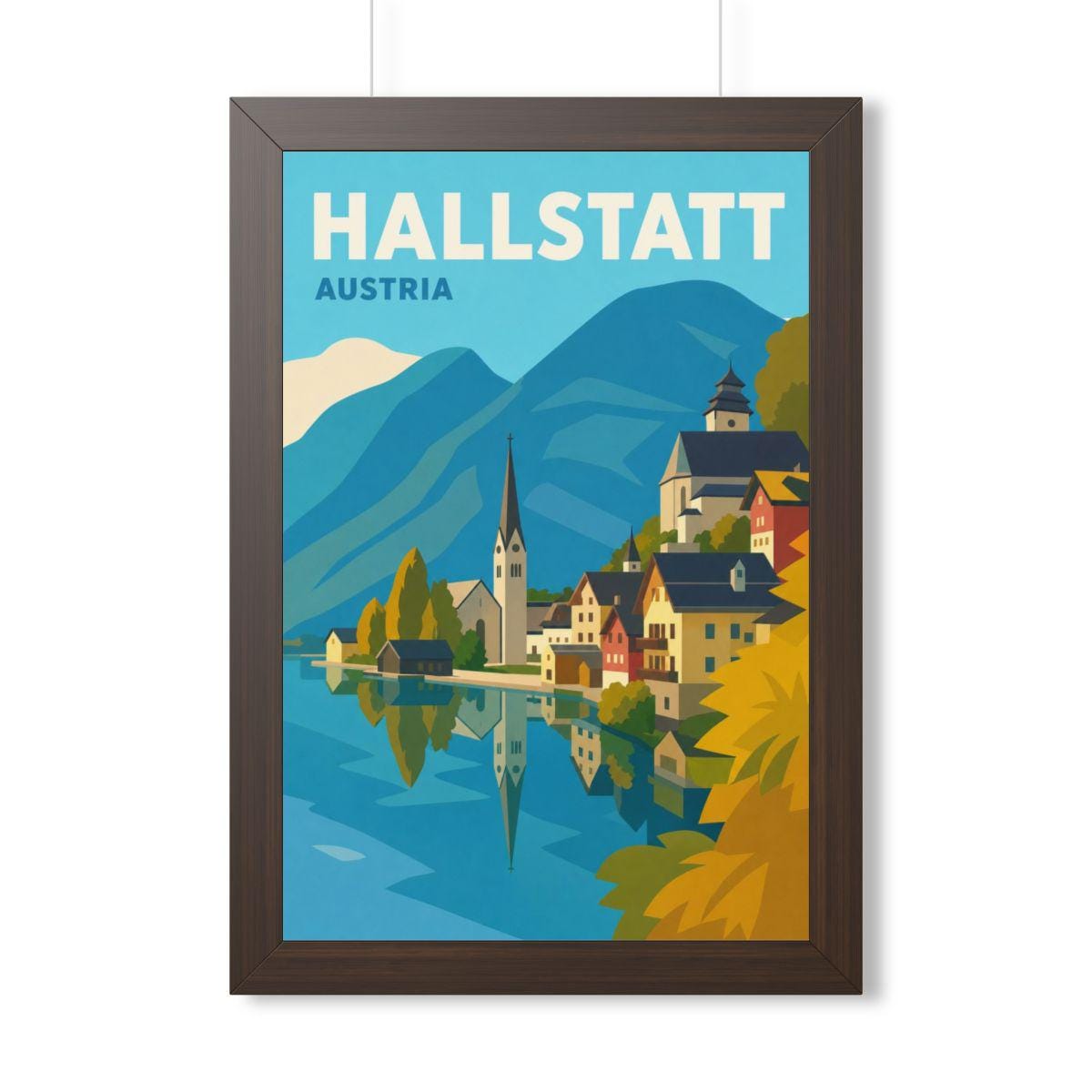 Hallstatt Austria Framed Poster | Vintage Travel Wall Art | Black Walnut White Frame | 16x24 20x30