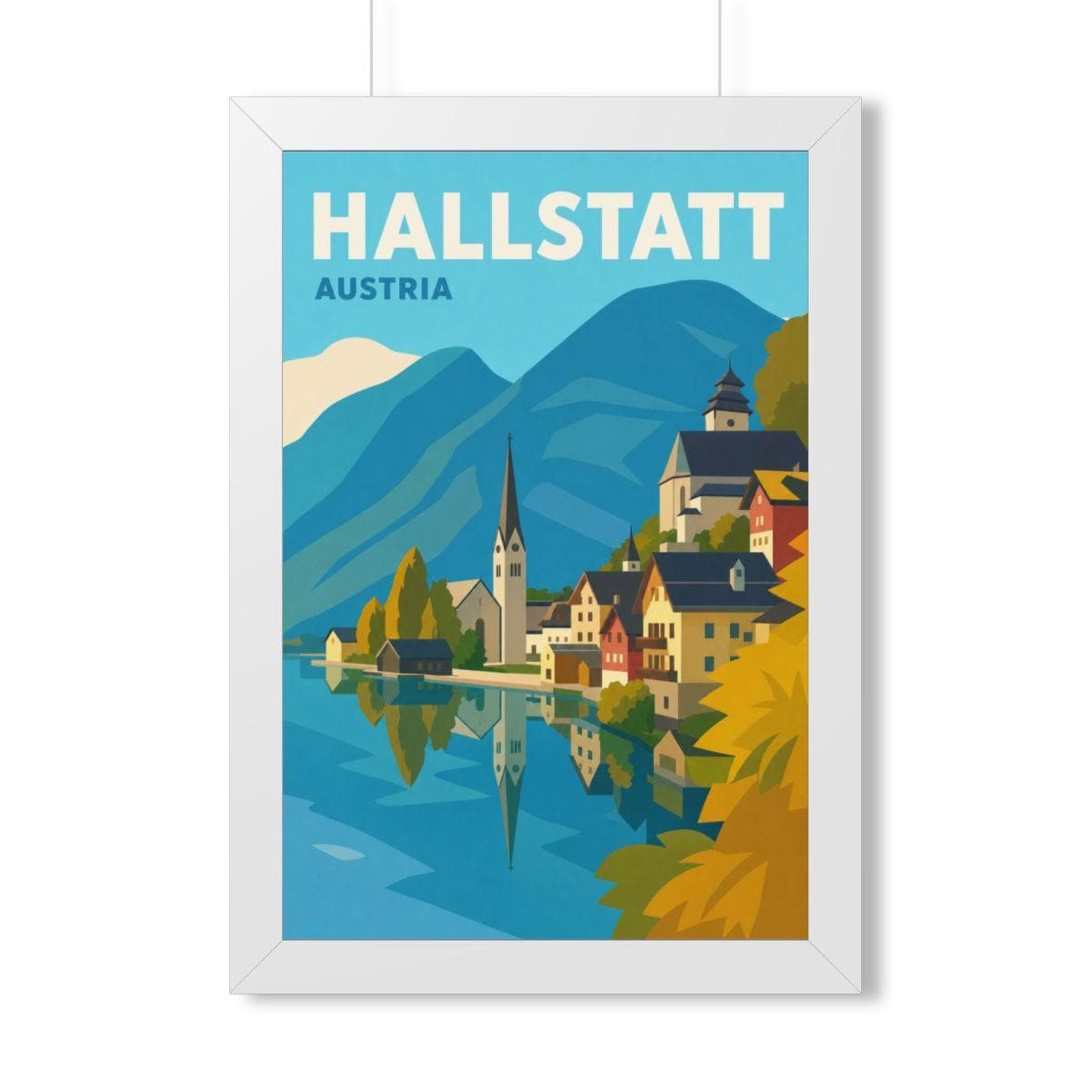 Hallstatt Austria Framed Poster | Vintage Travel Wall Art | Black Walnut White Frame | 16x24 20x30