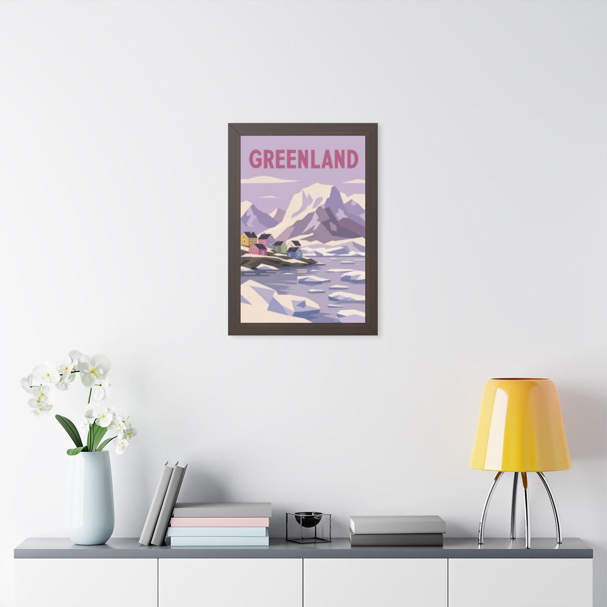 Greenland Village Greenland Framed Poster | Vintage Travel Wall Art | Black Walnut White Frame | 16x24 20x30