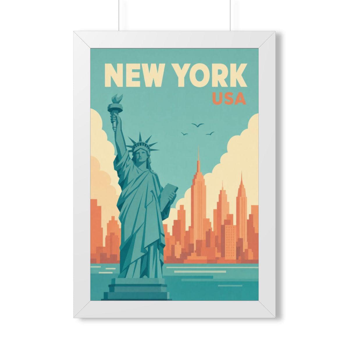 New York Harbor United States Framed Poster | Vintage Travel Wall Art | Black Walnut White Frame | 16x24 20x30