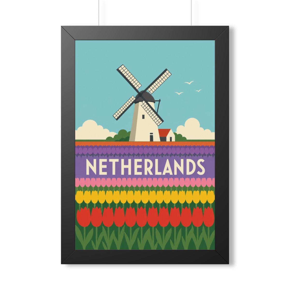 Netherlands Tulip Fields Netherlands Framed Poster | Vintage Travel Wall Art | Black Walnut White Frame | 16x24 20x30