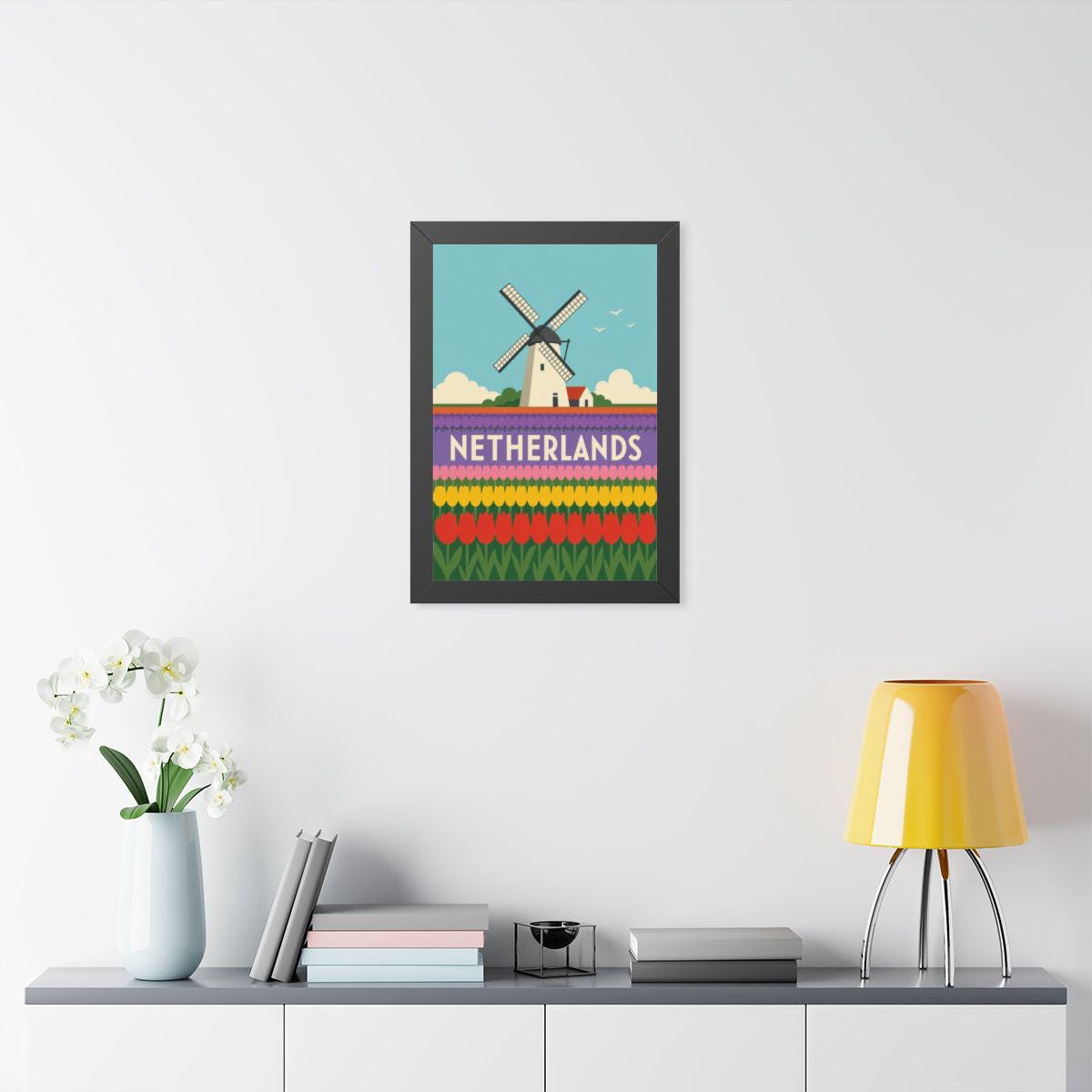 Netherlands Tulip Fields Netherlands Framed Poster | Vintage Travel Wall Art | Black Walnut White Frame | 16x24 20x30