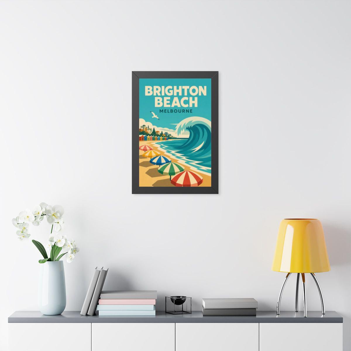 Brighton Beach Melbourne Australia Framed Poster | Vintage Travel Wall Art | Black Walnut White Frame | 16x24 20x30