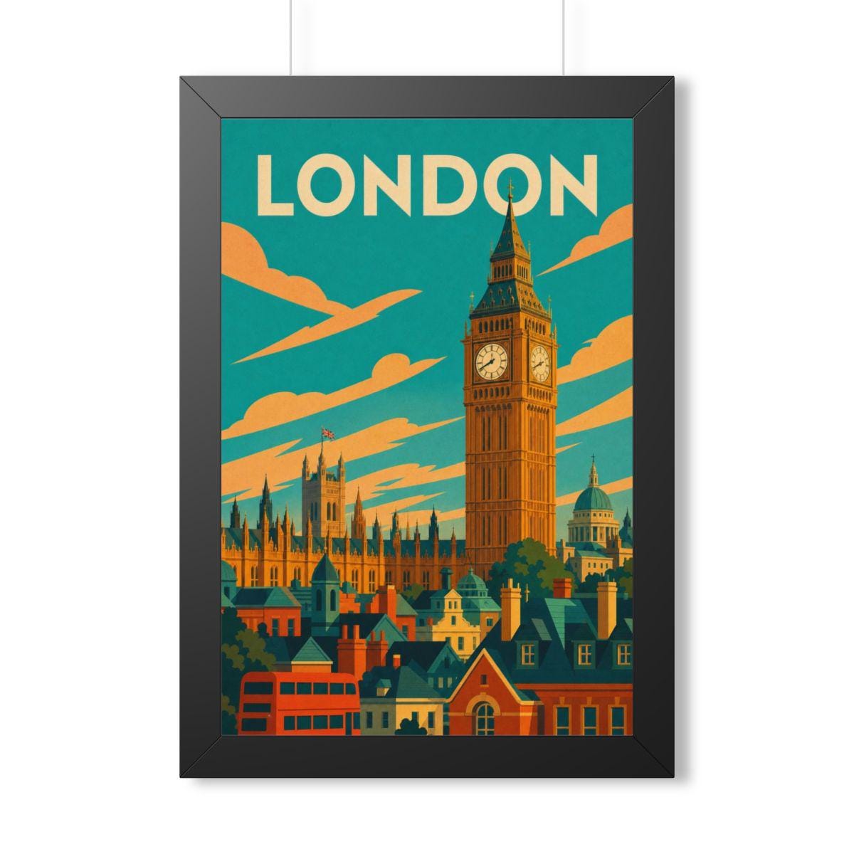 London Big Ben United Kingdom Framed Poster | Vintage Travel Wall Art | Black Walnut White Frame | 16x24 20x30