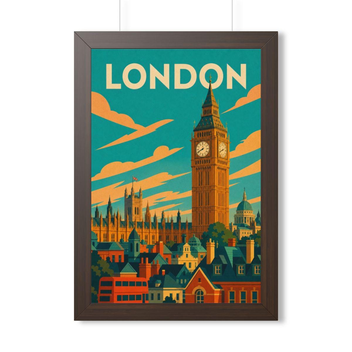London Big Ben United Kingdom Framed Poster | Vintage Travel Wall Art | Black Walnut White Frame | 16x24 20x30