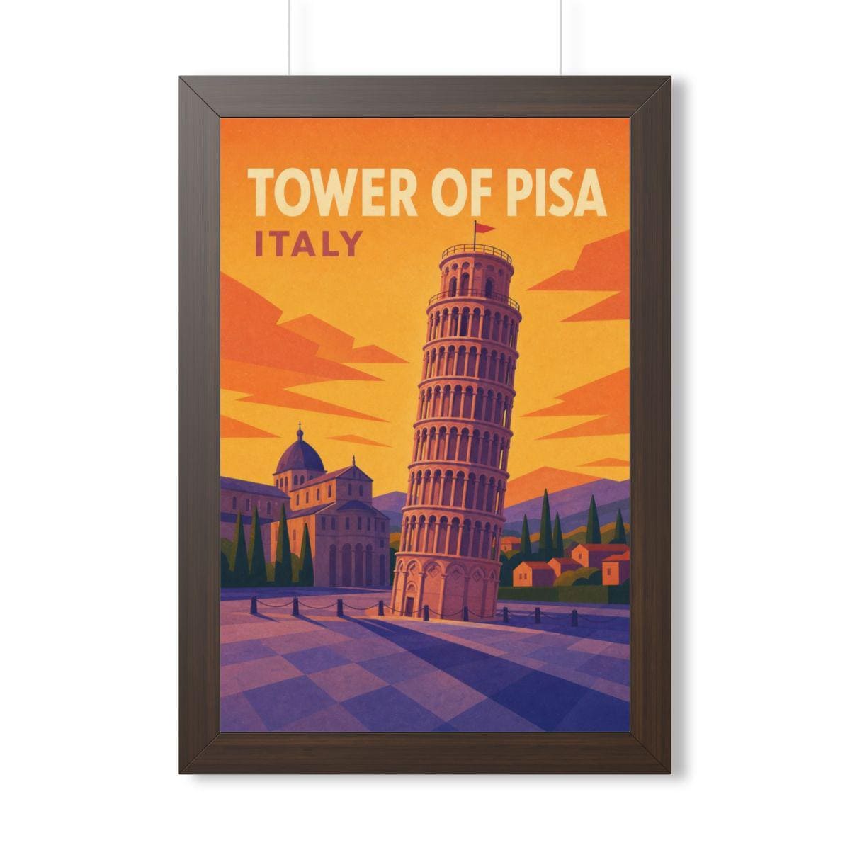 Leaning Tower of Pisa Italy Framed Poster | Vintage Travel Wall Art | Black Walnut White Frame | 16x24 20x30
