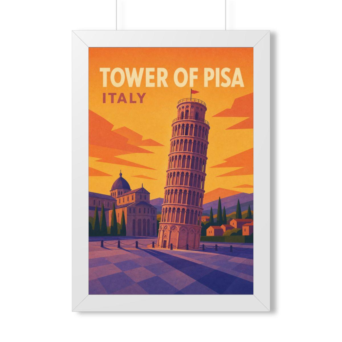Leaning Tower of Pisa Italy Framed Poster | Vintage Travel Wall Art | Black Walnut White Frame | 16x24 20x30