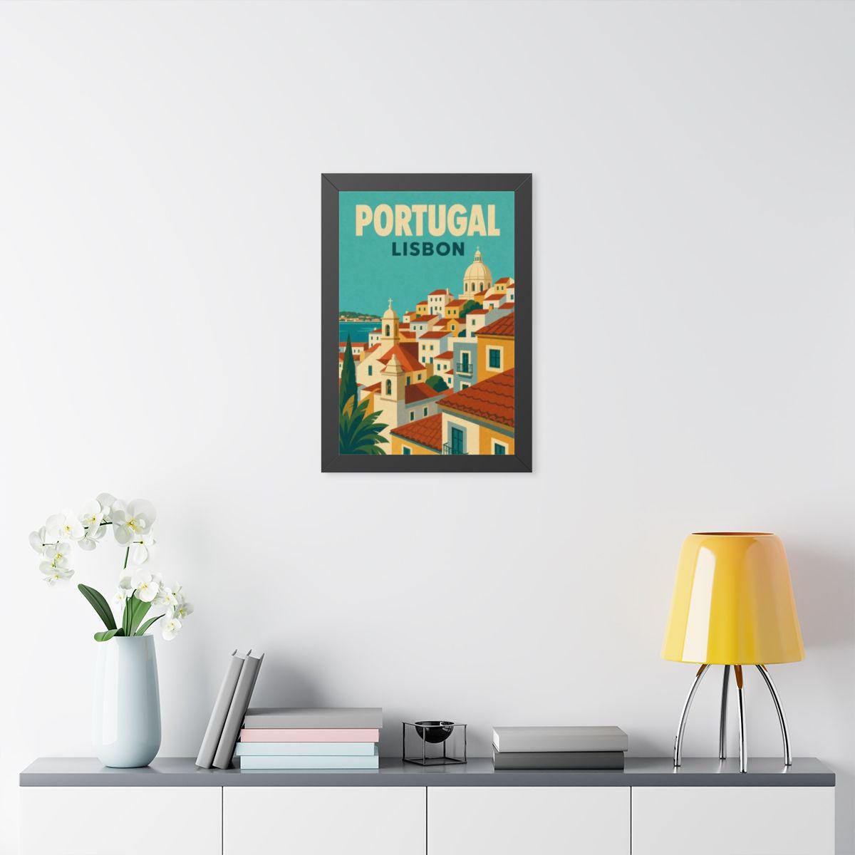 Lisbon Portugal Framed Poster | Vintage Travel Wall Art | Black Walnut White Frame | 16x24 20x30